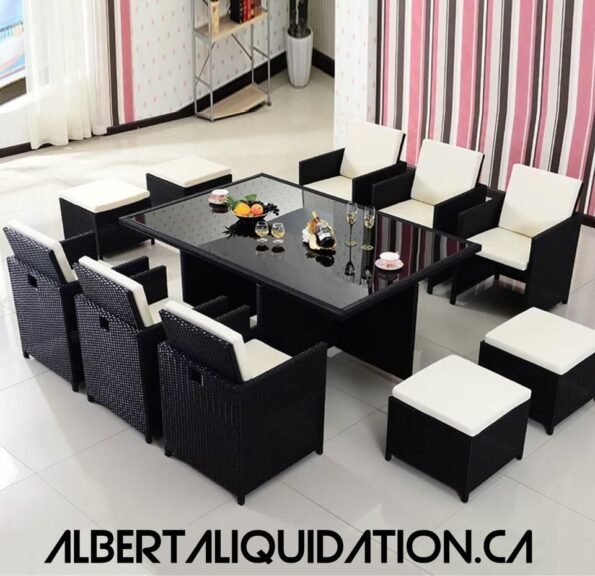 11 Piece Outdoor Patio Set, Black Rattan with your choice of Orange or Blue Cushions!